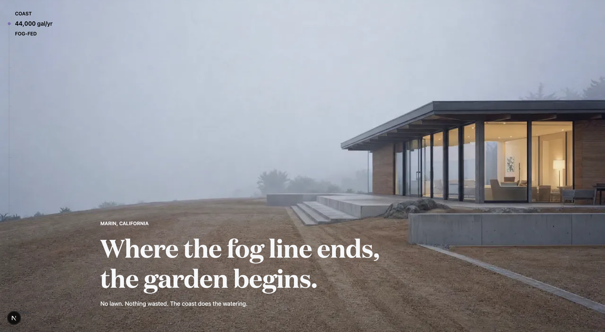The Fogline site built with Raven — a fog-wrapped coastal house near the beach under the serif headline "Where the fog line ends, the garden begins."