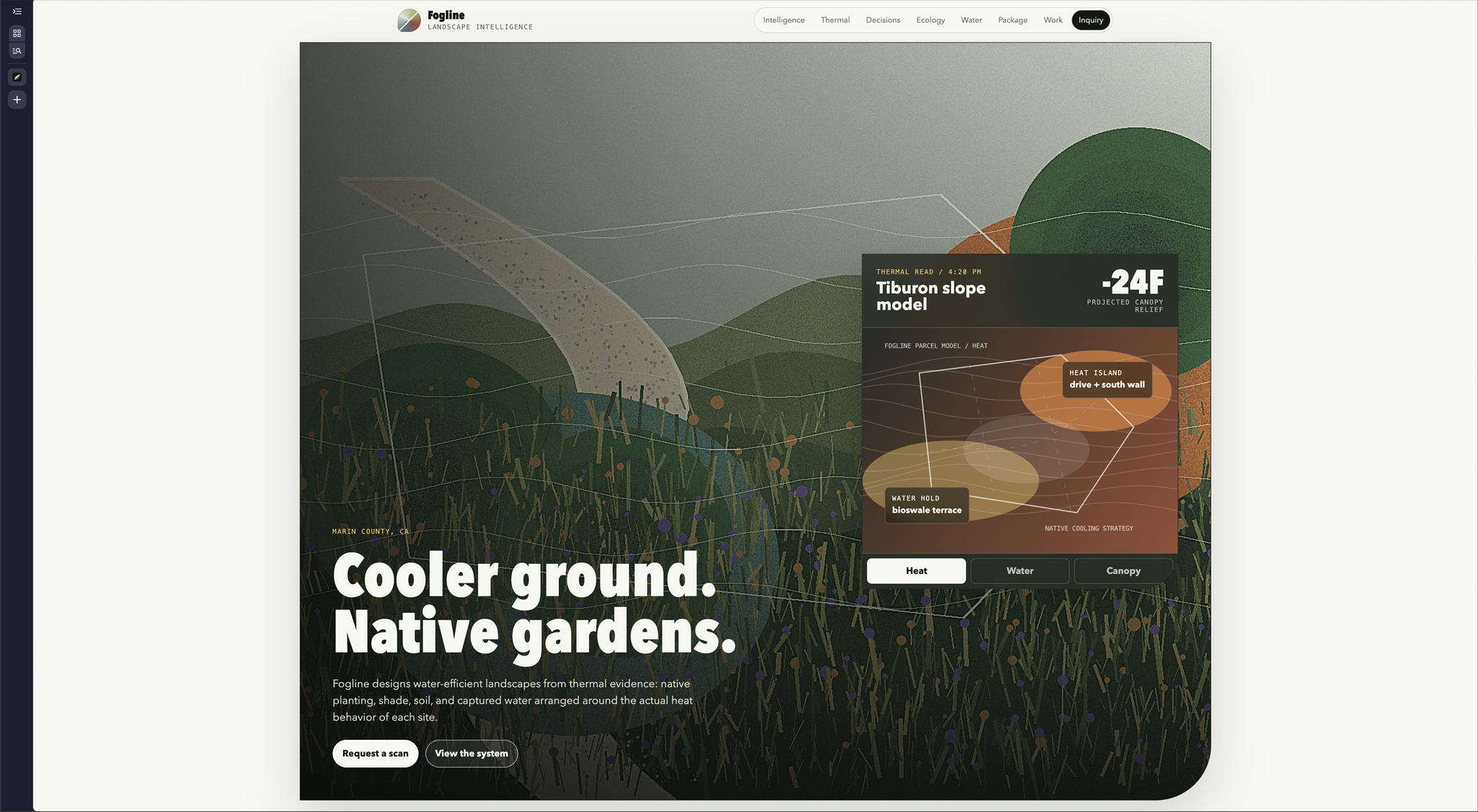 The landscape-architecture brief without Raven — a dense illustrated hero, "Cooler ground. Native gardens.", with full navigation and a thermal-model data card.